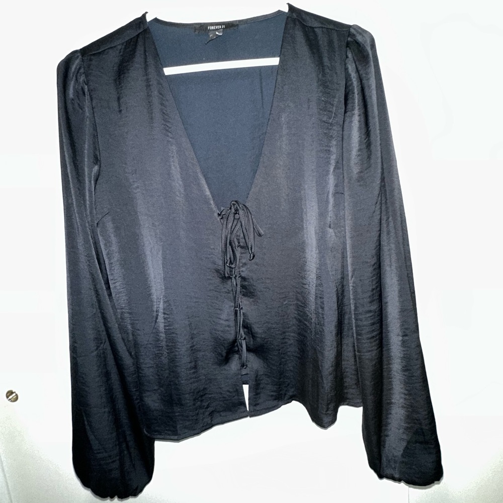 Black satin balloon sleeve blouse